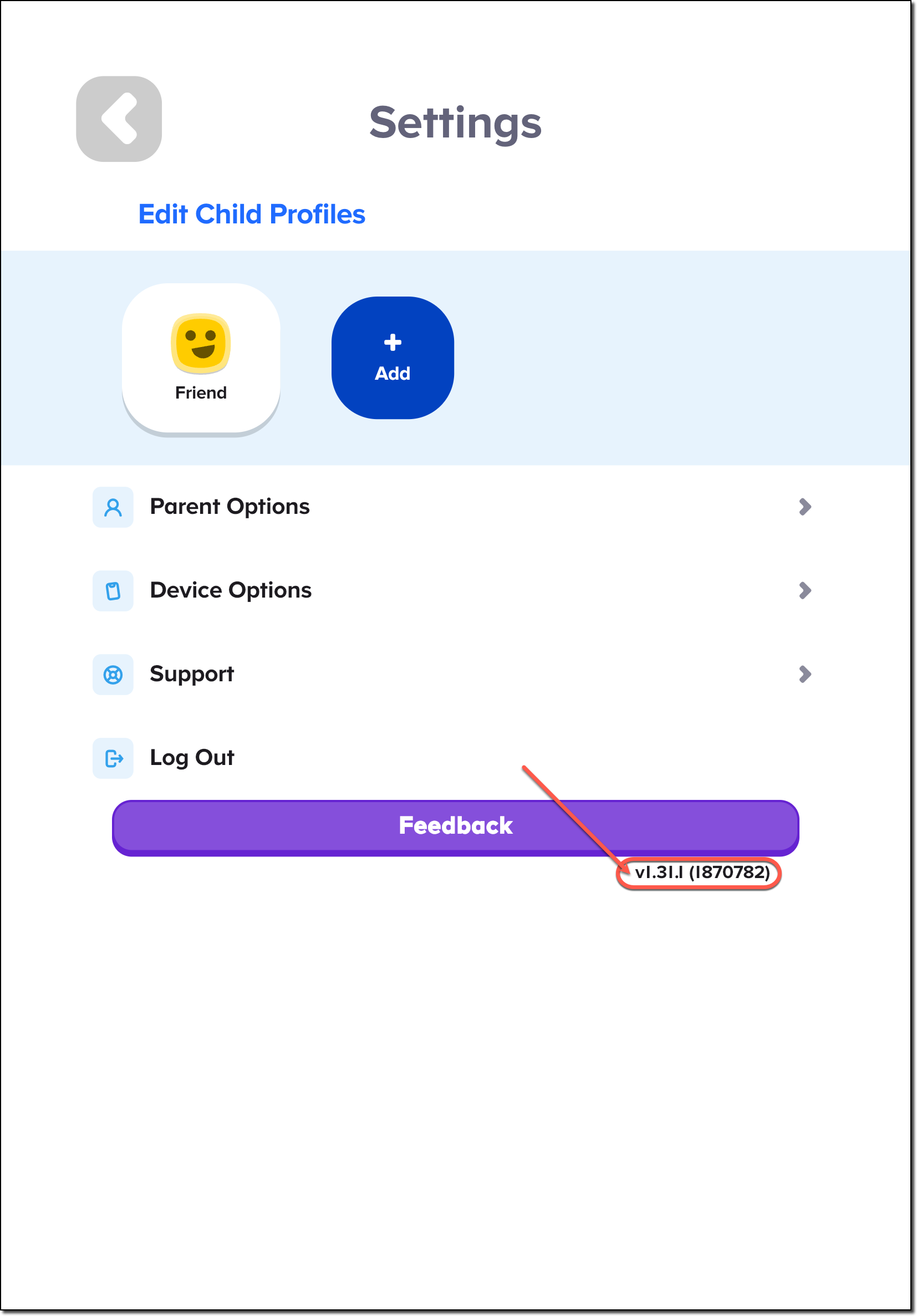 Settings page - version number.png