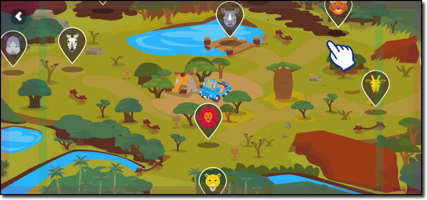 Safari area showing animal habitats and navigation icons for related activities.png
