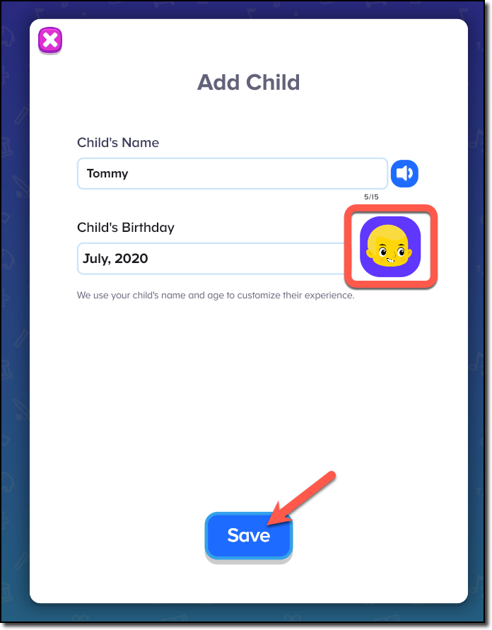 Add Child - Temp Avatar icon highlighted - Click Save.png
