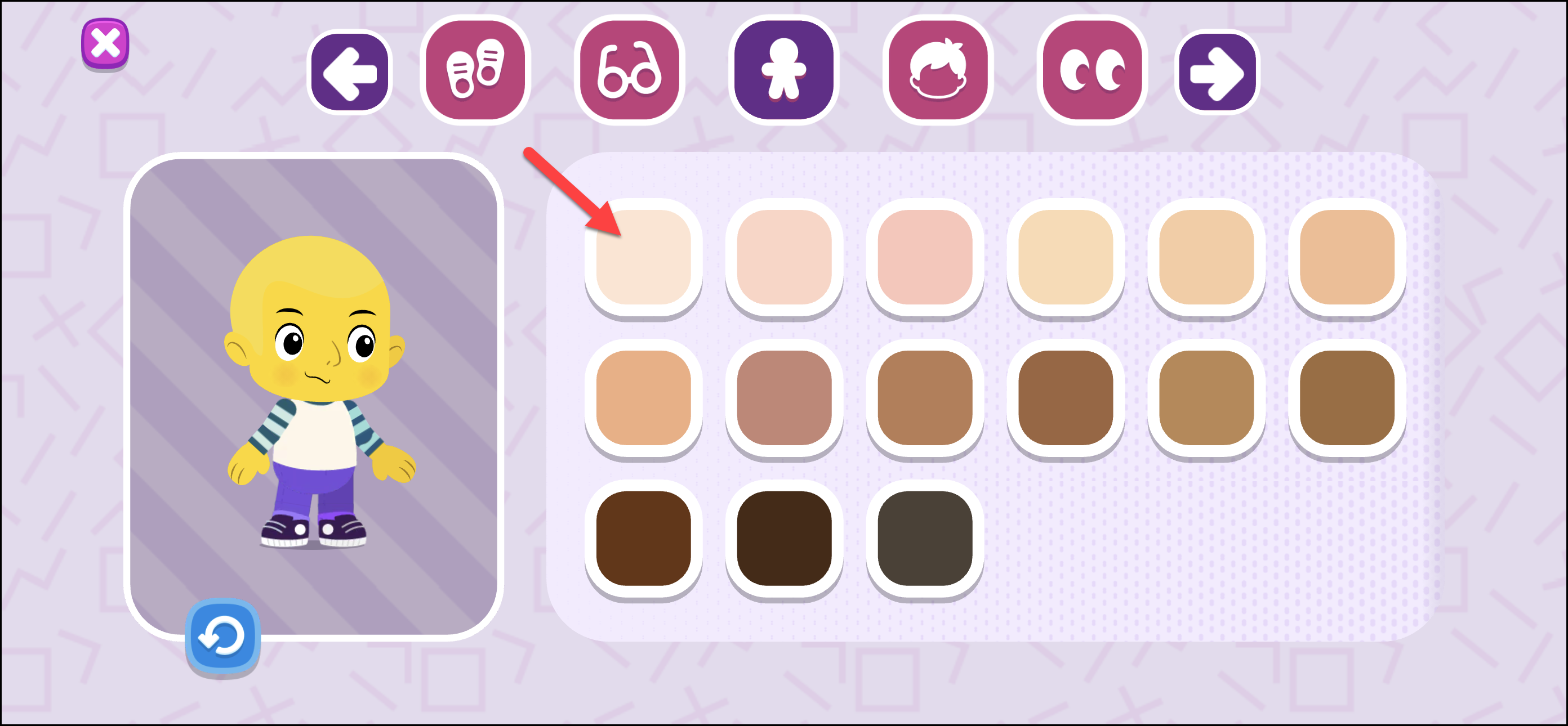 Avatar Builder - 1 - Choose Skin Color - arrow shows selected.png