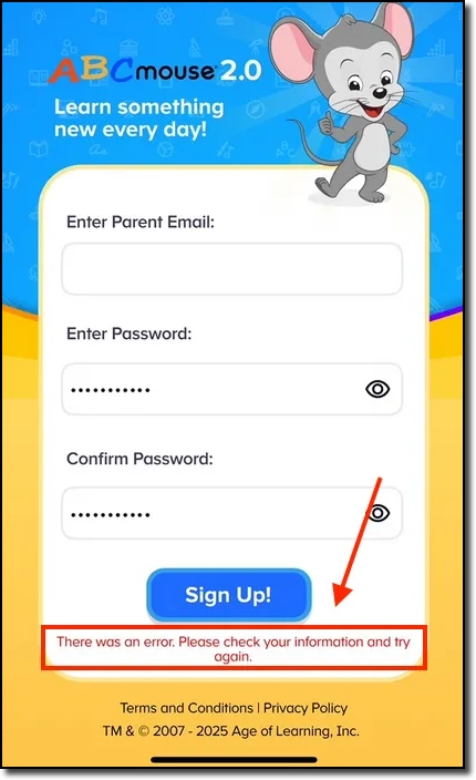 ABCmouse 2 sign-up screen showing error message.webp