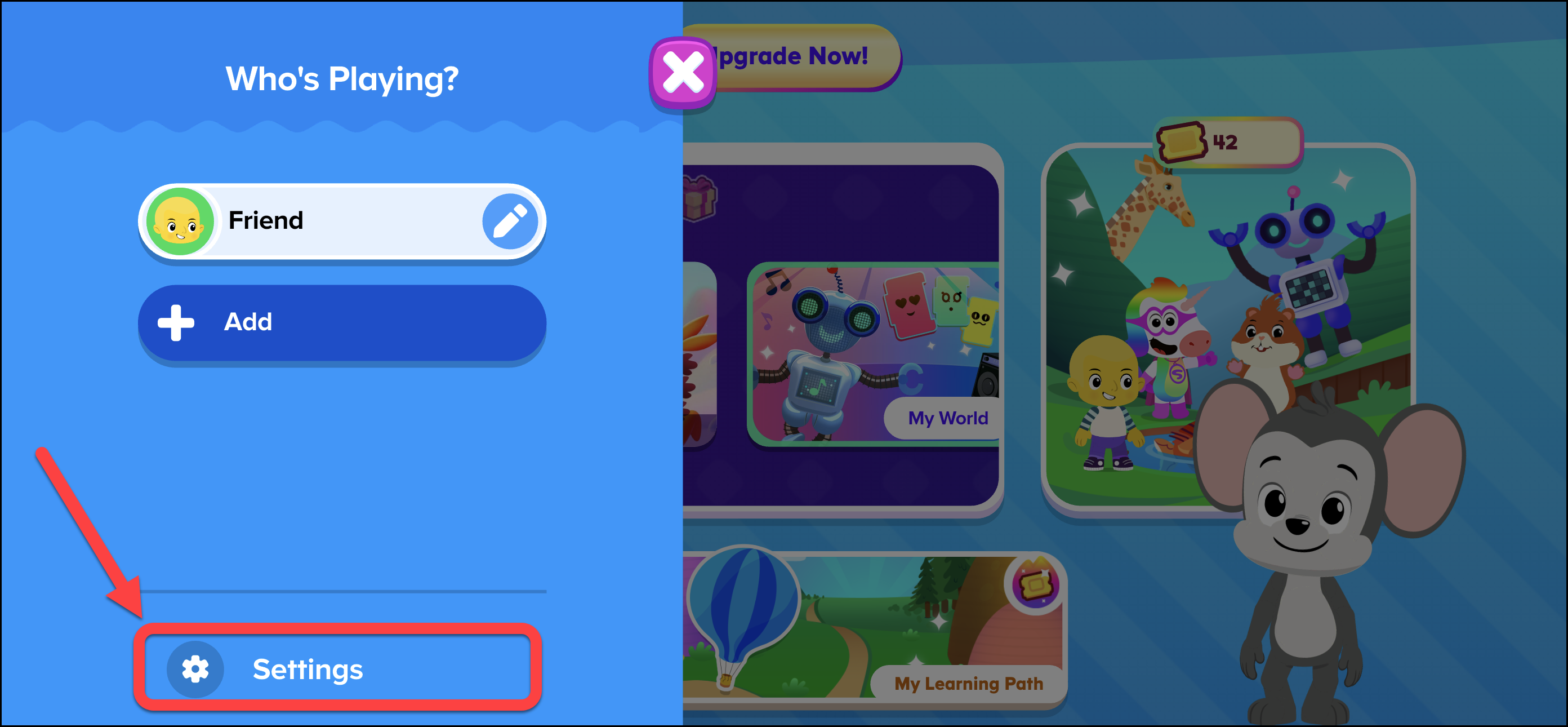 English ABCmouse 2 Who Playing menu screen point to settings icon.png